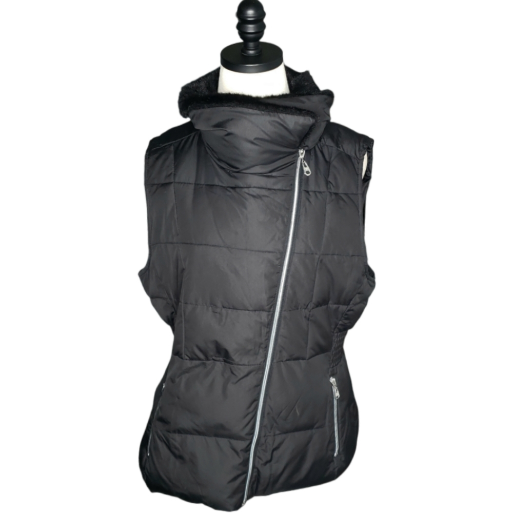 Marc NY Puffer Vest Aysemmetrical Silver Zipper Faux Fur Lapels Mockneck Smocked